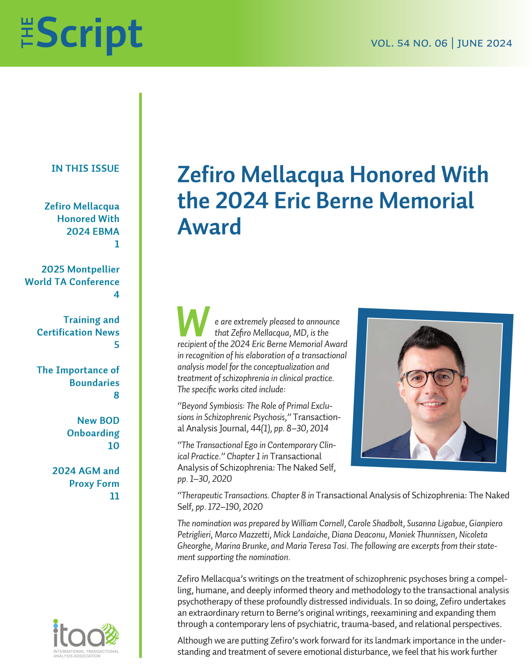 Zefiro Mellacqua Honored With the 2024 Eric Berne Memorial Award ...